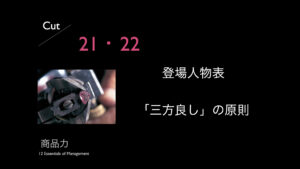 21.登場人物表 22.「三方良し」の原則