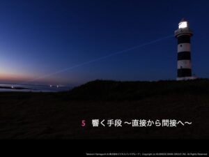 【特別セミナー】【出版記念講演】「仕事は君を幸せにする」5,響く手段〜直接から関節へ〜