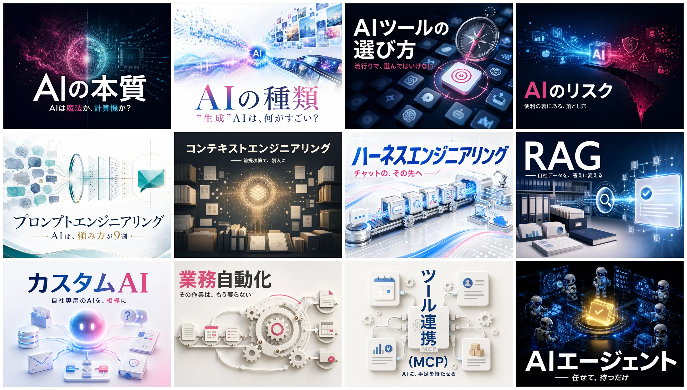 AI経営の体系を12分野で学ぶ全体像コラージュ