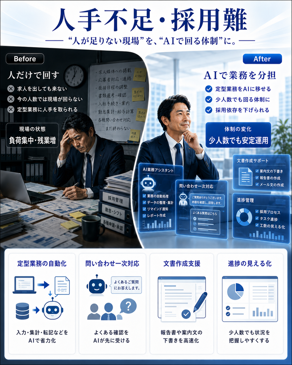 人手不足・採用難:定型業務をAIに移し、少人数でも回る体制に