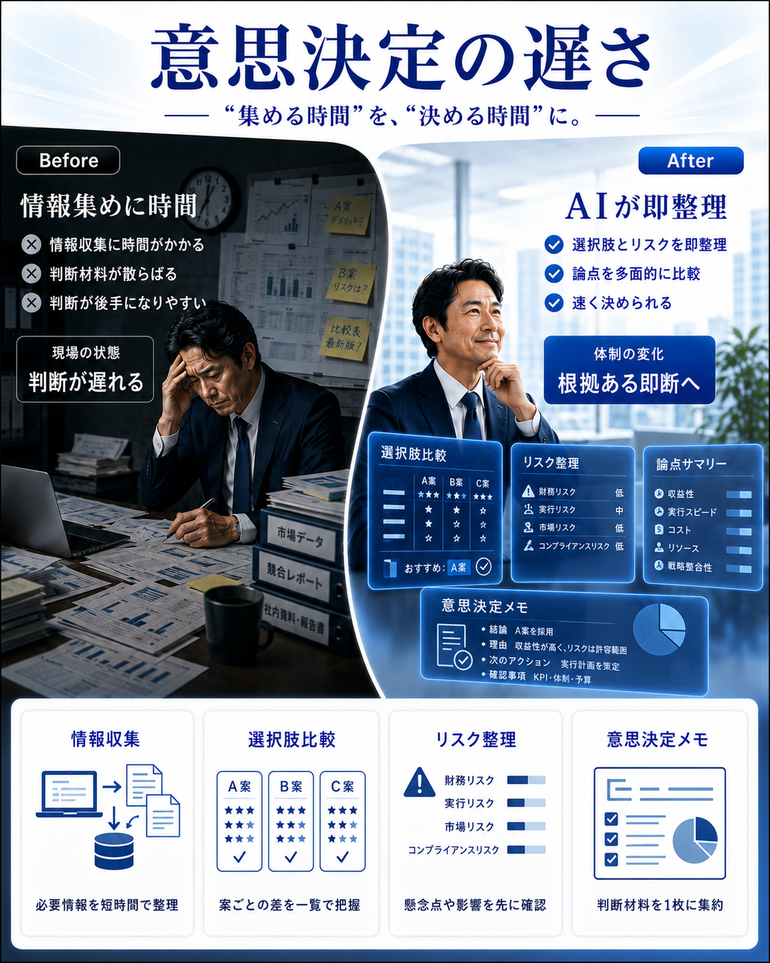 意思決定の遅さ:AIが選択肢とリスクを即整理、速く決められる