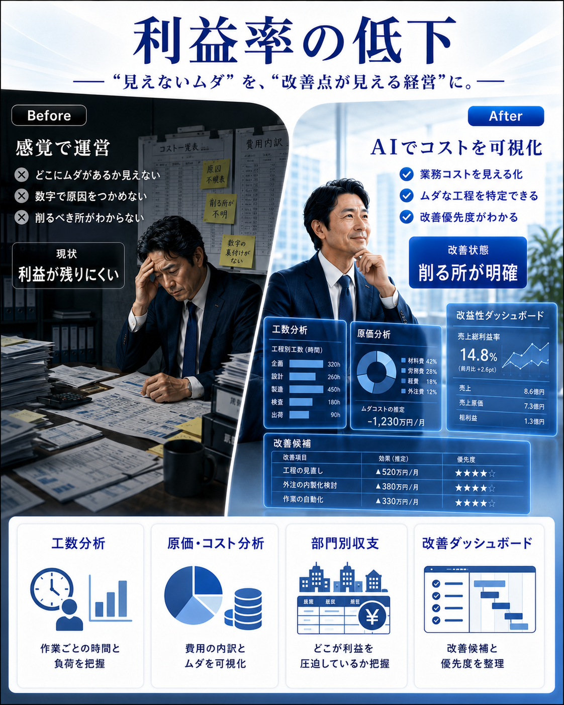 利益率の低下:業務コストが可視化され、削る所が分かる