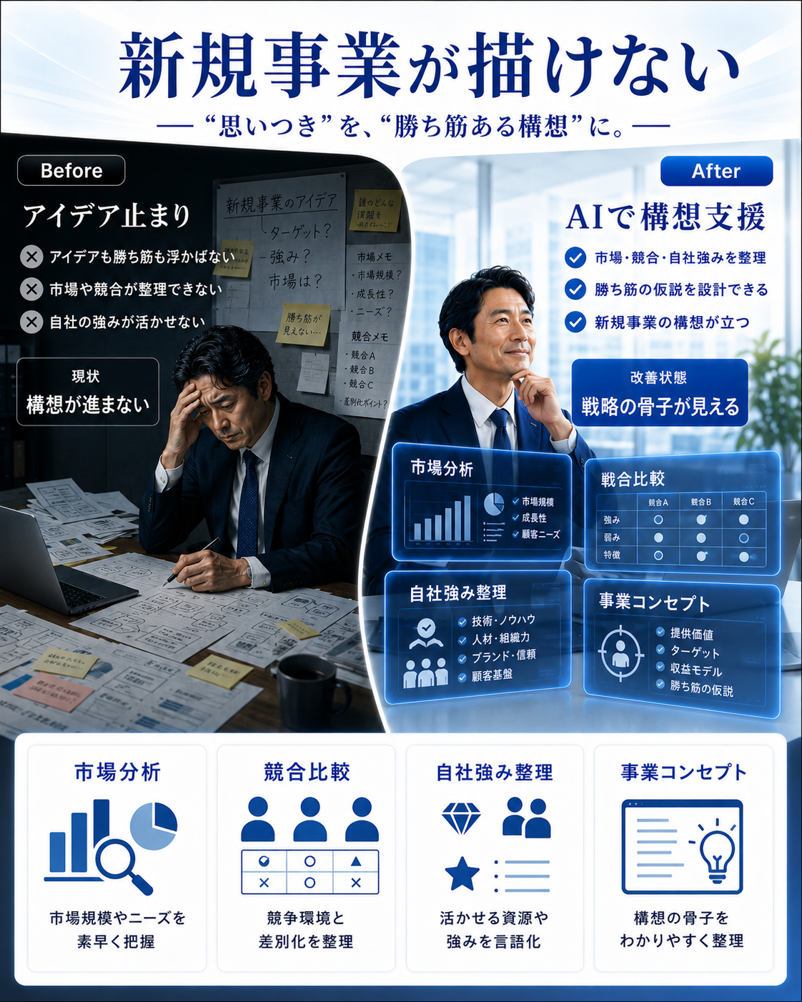 新規事業が描けない:市場・競合・自社強みを整理し、構想が立つ