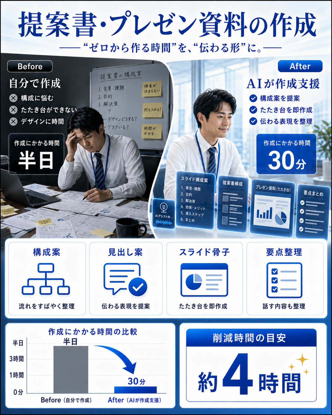 提案書・プレゼン資料の作成：半日→30分、約4時間削減