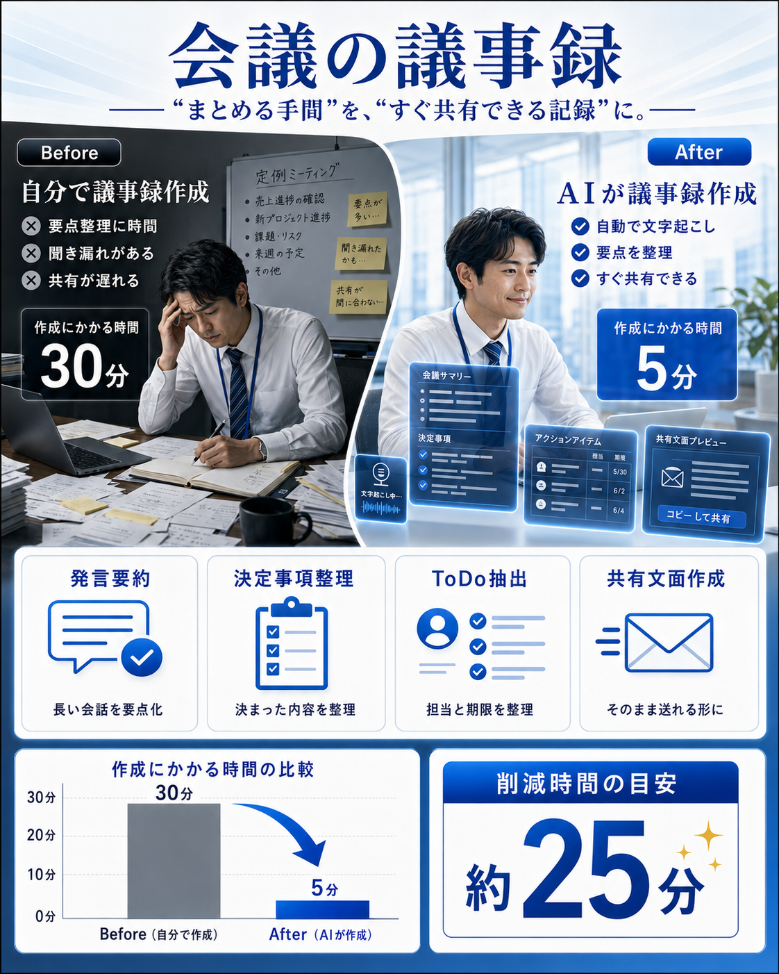 会議の議事録：30分→5分、約25分削減