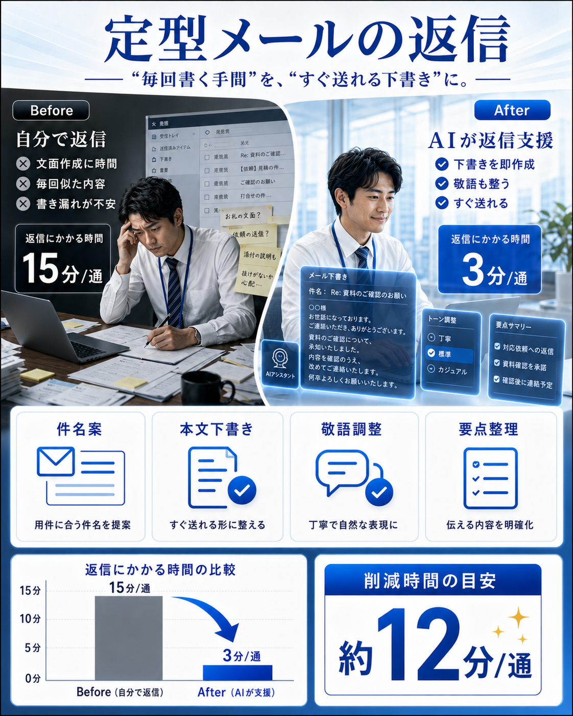 定型メールの返信：15分/通→3分/通