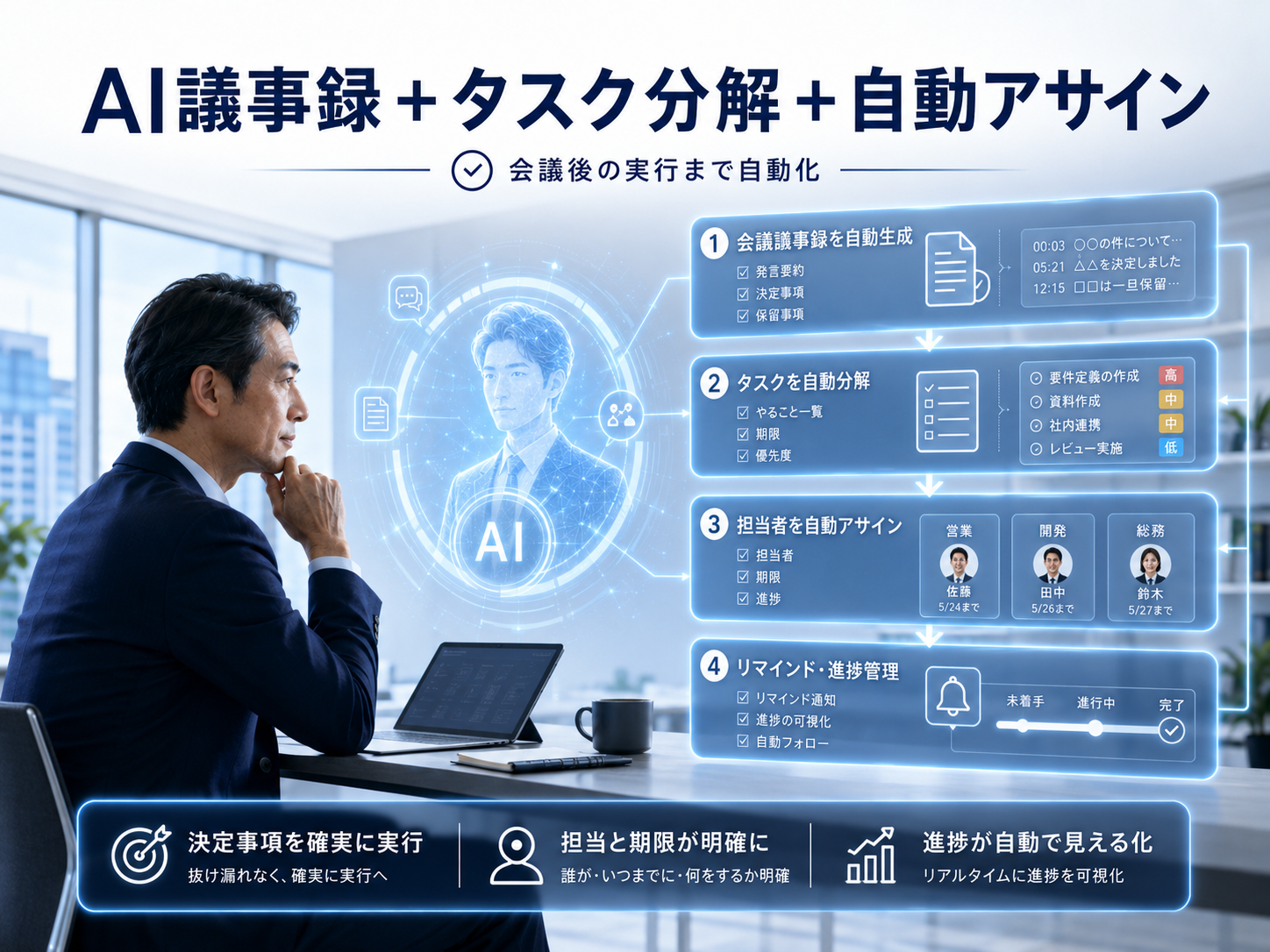 AI議事録＋タスク分解＋自動アサインのイメージ