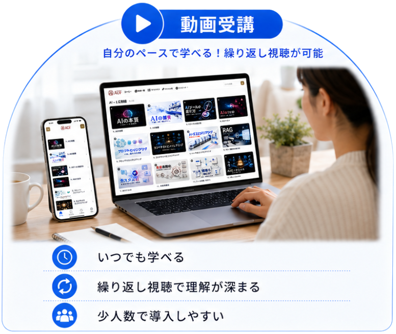 動画受講：各自のペースで動画を視聴して学ぶイメージ