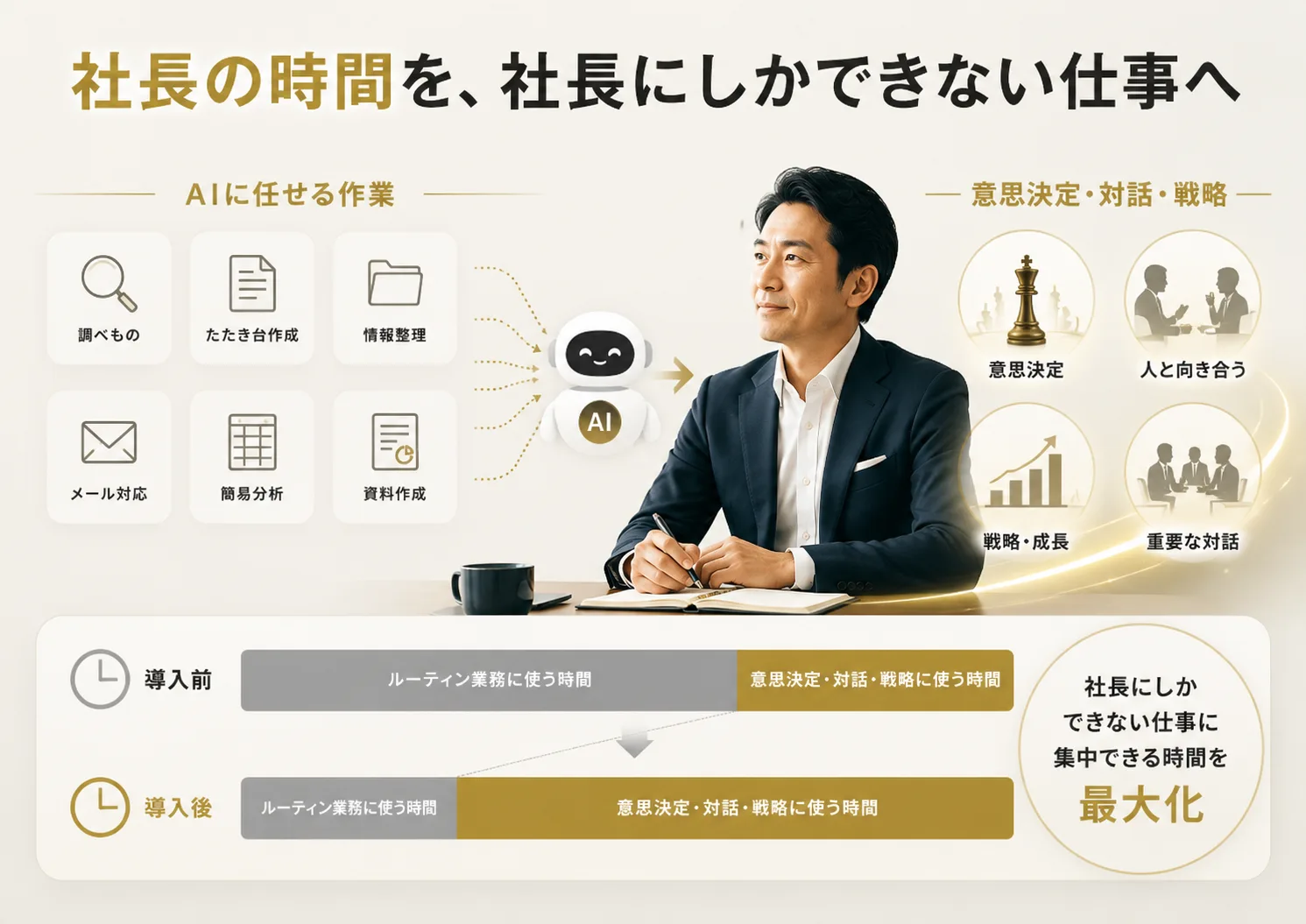 調べもの・たたき台作成・情報整理・メール対応・簡易分析・資料作成といった定型作業はAIに任せ、社員と社長は意思決定・人と向き合う・戦略と成長・重要な対話に集中する。自動化の前後で、人にしかできない仕事に使える時間を最大化する。