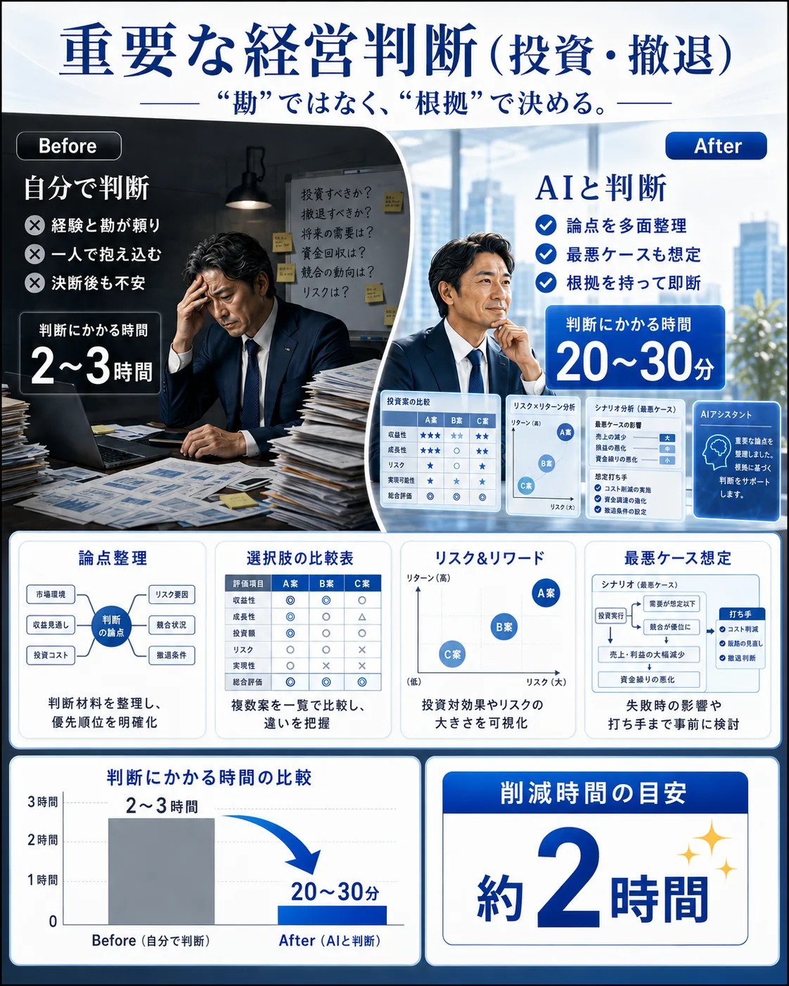 重要な経営判断（投資・撤退）：2〜3時間→20〜30分、約2時間削減