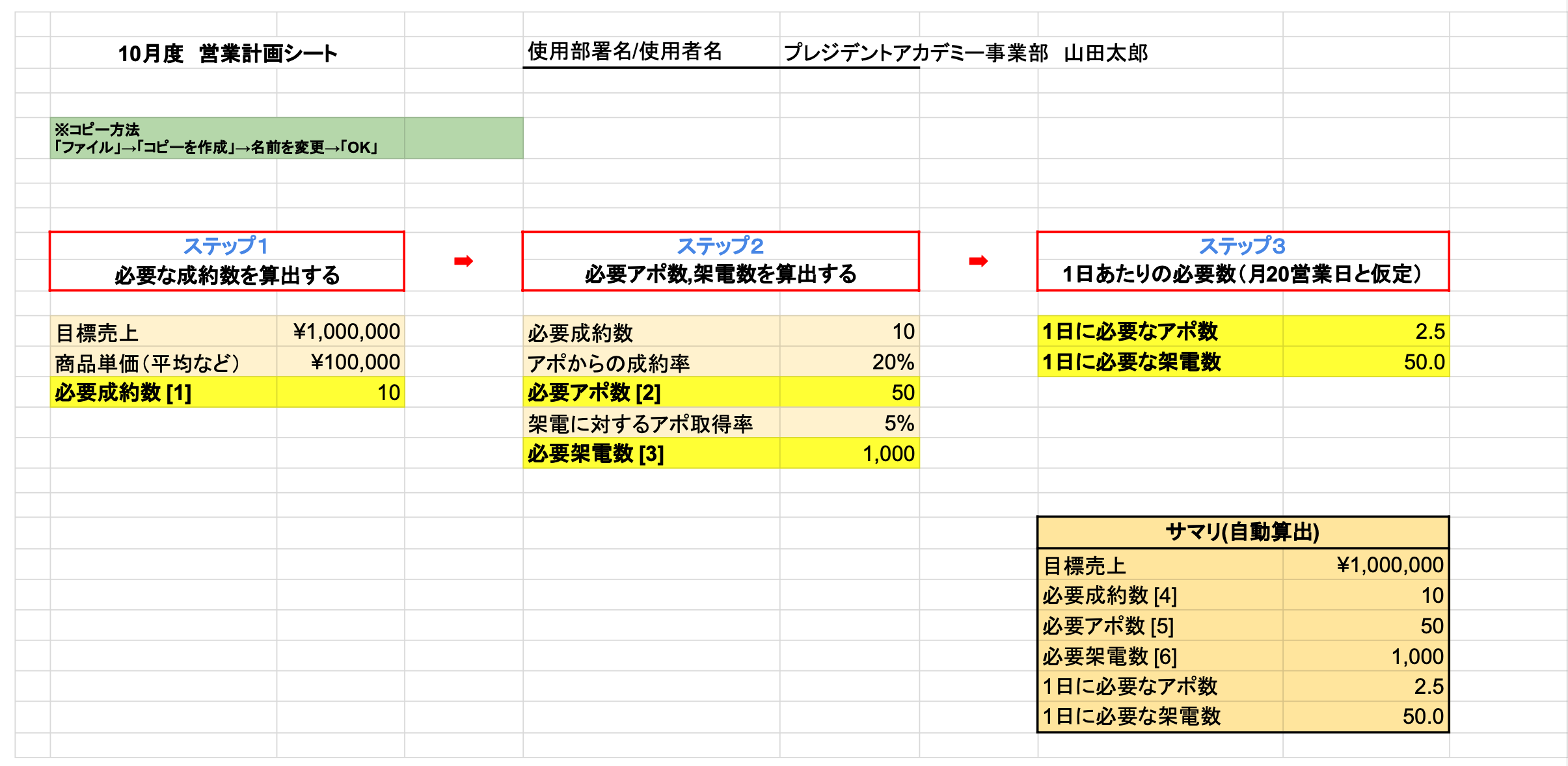 営業　計画　見本シート